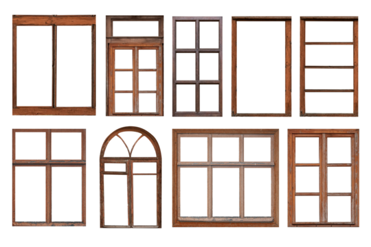 Old brown window frames, different shapes isolated on white background.