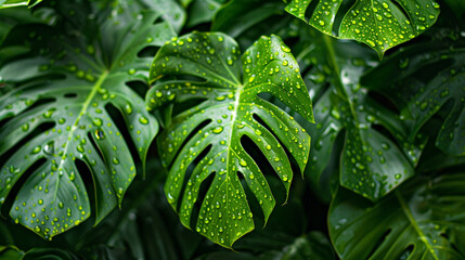 Close-up lush green monstera leaves adorned with rain or dew drops in a tropical setting at dawn - obrazy, fototapety, plakaty
