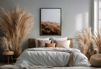 bedroom interior pampas render bed mockup boho 3d frame grass bedchamber room hotel pillow furniture home luxury comfortable design apartment lamp bedding house decor curtain window
