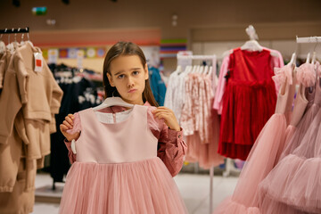 Portrait of charming little girl choosing elegant dress at shopping mall - 789226373