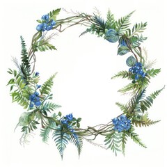 Fototapeta na wymiar Indigo Blue Ivy Circle Wreath Frame - Hand Painted Watercolor of Floral Garden Leaves and Ferns