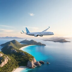Fototapeta na wymiar airplane is flying above the scene, sea, island, cartoon