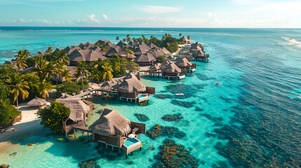 Tropical Overwater Bungalows in the Maldives aerial view
 - obrazy, fototapety, plakaty