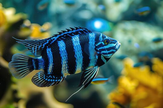 Kenyi Cichlid: A Stunning Addition to Your Aquarium with Tropical Vibes of Blue and Black Stripes from Lake Malawi Island