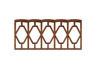Old dark-colored brown shaped decorative long horizontal wooden window frame with many sashes  isolated on transparent background.