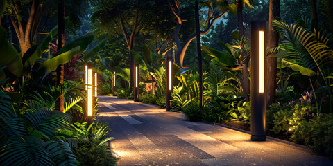 Modern outdoor lighting for walkways and public spaces, featuring LED bollard lights on tall black steel poles