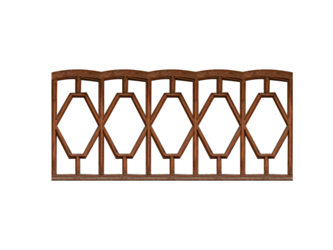 Old dark-colored brown shaped decorative long horizontal wooden window frame with many sashes  isolated on transparent background.
