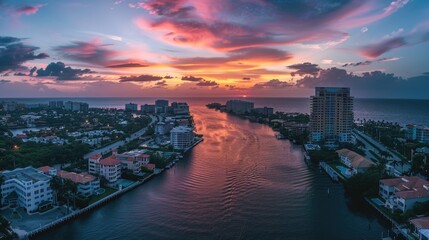 Fototapeta na wymiar Panoramic Sunset Aerial Drone Shot of City Skyline over Water
