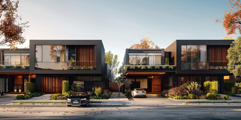 a tight cluster of modern townhouses in black slim panels with wood accents in the style of a minimalist design - obrazy, fototapety, plakaty