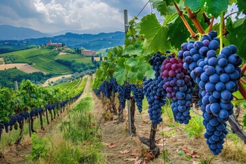 Red Grape Harvest in Idyllic Vineyard for Fresh Wine and Delightful Cuisine - obrazy, fototapety, plakaty