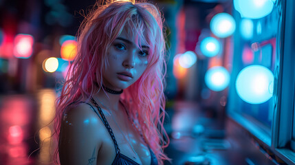 Young woman with pink hair standing outside in a cyberpunk neon-lit setting.