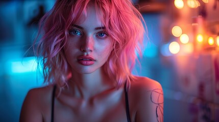 Young woman with pink hair standing outside in a cyberpunk neon-lit setting.