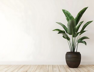 Strelitzia reginae plant in dark brown ceramic pot on wooden table against white wall background with copy space, 3d rendering , empty blank template for mock up design,