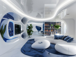 interior design of a living room with library, TV and indoor plants symphony of organic forms, deep ultramarine and pristine whites, mirroring the gentle curves. - obrazy, fototapety, plakaty