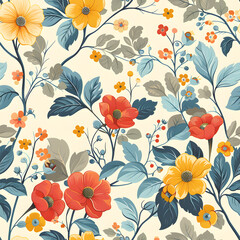 Trendy Floral Background with Vibrant Colors, Modern Seamless Design for Tiles and Colorful Wallpaper, Botanical Garden Blossom Patterns in Decoration, Trendy Fashion, and Summer Bloom Beauty.