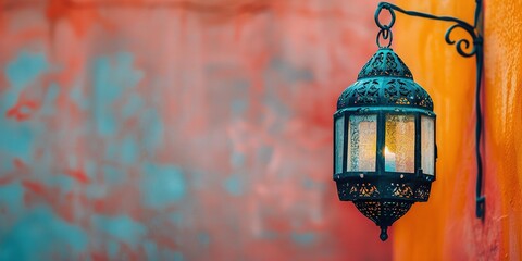 Traditional lantern against an orange wall, symbolizing Islamic celebrations.