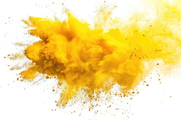 Yellow Powder Explosion: Abstract Freeze Motion Splash of Colorful Dust Particles on White Background