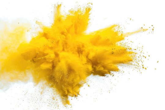 Yellow Powder Explosion on White Background. Abstract Freeze Motion of Colorful Dust Particles Splashing and Textured Paint Smoke