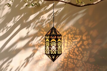Traditional lantern hanging from a tree, casting intricate shadows on a sunlit wall.