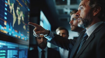 Young Stock Trader Shows to the Executive Managers Cryptocurrency and Trade Market Correlation Pointing at the Wall TV. - obrazy, fototapety, plakaty