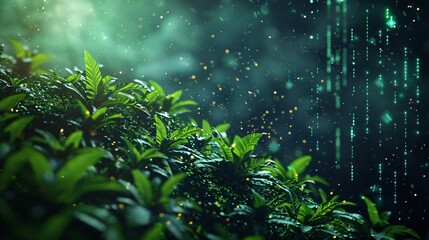 Green plants with dew drops and light rays in the background - obrazy, fototapety, plakaty