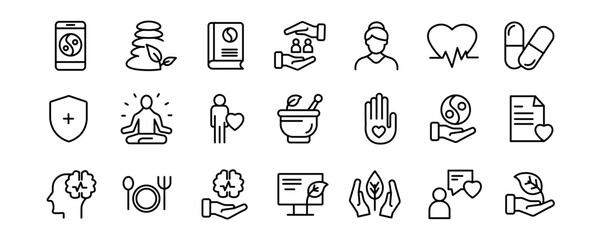 Health and wellness related vector icons collection on white background.