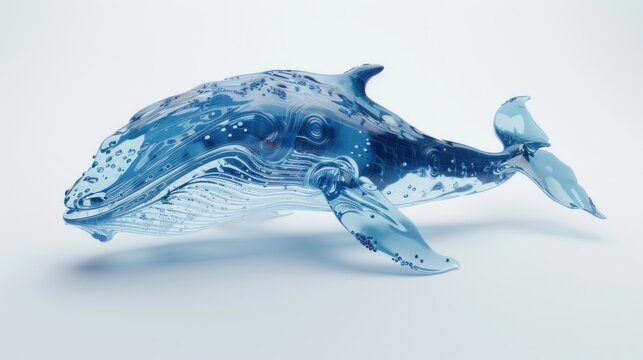 8h a minimalist 3D model of a whale, transparent material, blue and white, frosted glass, transparent technology sense, ui design, isometric, white background, studio lighting, bright color, 3d art