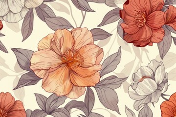 Beautiful seamless floral pattern with red and orange flowers on a beige background illustration