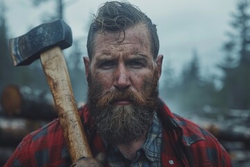 Obraz premium A rugged bearded lumberjack holding an axe, set against a moody, misty forest backdrop