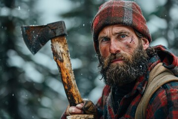 Rugged bearded woodsman in winter gear holding a trusty axe, set against a backdrop of falling snow