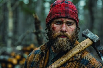 A solemn bearded woodsman in a plaid shirt clutches an axe in a dense, enigmatic forest environment