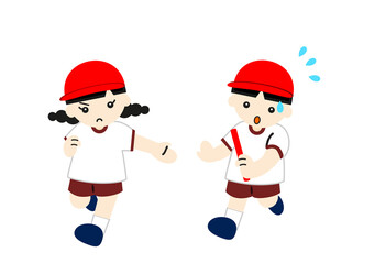 リレーでバトンを渡す男の子と女の子
