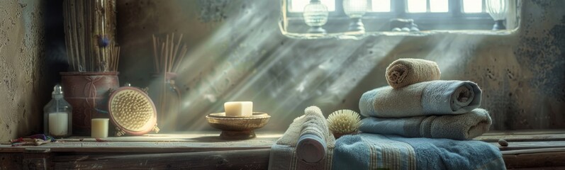 Towels stacked on a table with candles and a window in the background. Hammam background. Banner - obrazy, fototapety, plakaty