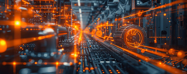 Fototapeta premium High-tech server room with glowing orange lights
