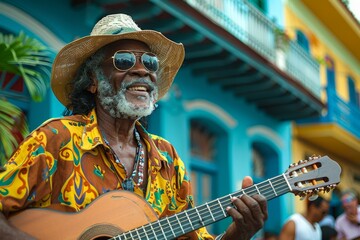 A vibrant street scene captures a guitarist engrossed in playing his instrument, wearing brightly colored attire