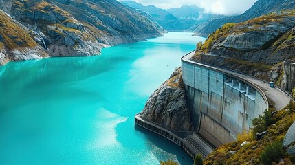A large concrete dam holding back a bright blue lake in the mountains.


