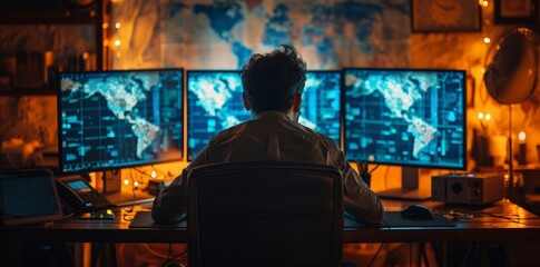 Person working with global data on multiple computer monitors with world map display