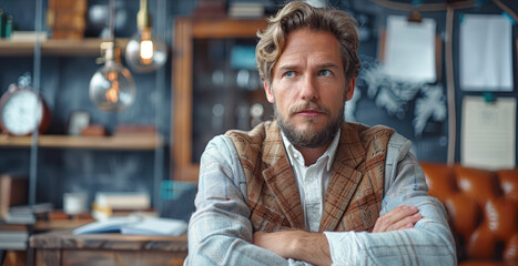Fototapeta premium A thoughtful man is looking for answers to questions. Puzzle, looking for an answer to a complex question, problem of choice.