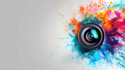 A camera lens capturing a burst of vivid colors. representing creativity and vision. The light grey background intensifies the bright colors of its capture - obrazy, fototapety, plakaty