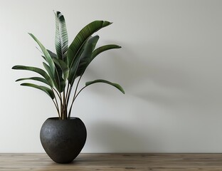 Strelitzia reginae plant in dark brown ceramic pot on wooden table against white wall background with copy space, 3d rendering , empty blank template for mock up design,