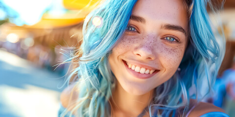portrait of a smiling young woman with long blue hair on the beach
