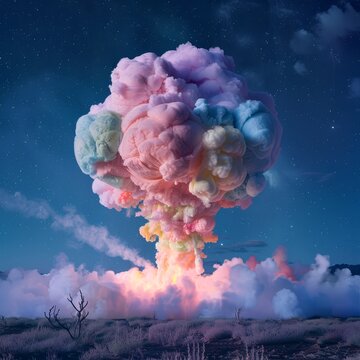 photo full color atom bomb mushroom cloud made of foam night