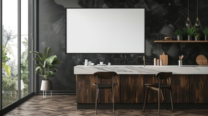 Contemporary kitchen studio interior and blank white poster on wall. AI generated - obrazy, fototapety, plakaty