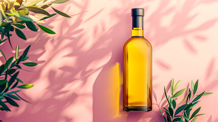 bottle of olive oil, close-up, simple soft pink background
