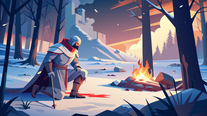 A crusader who is tired and kneels on the battlefield. Winter. There is blood around. The forest is burning. man injured