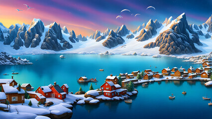 In the style of a Nordic Arctic town, with colorful rooftops, icebergs and beautiful auroras in the...