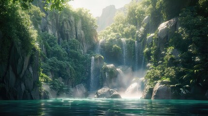 Towering cliffs cloaked in emerald greenery, with cascading waterfalls tumbling down rocky slopes into hidden pools below. 8k, realistic, full ultra HD, high resolution, and cinematic - obrazy, fototapety, plakaty