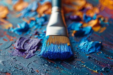 Close view of a paintbrush with blue bristles touching an abstract explosion of colorful acrylic paint strokes