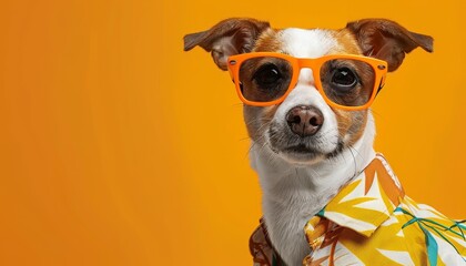Chic canine in colorful hawaiian shirt and trendy orange sunglasses for a fashionable look