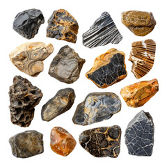 Collection of Fossil rock isolated on transparent background